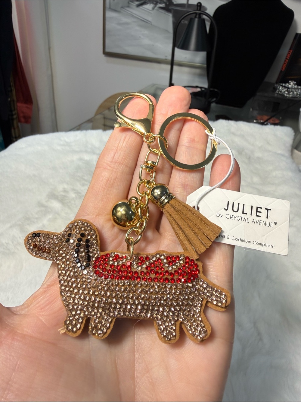 Juliet by Crystal Avenue Dachshund Crystal Keychain - Tan & Red bag clip